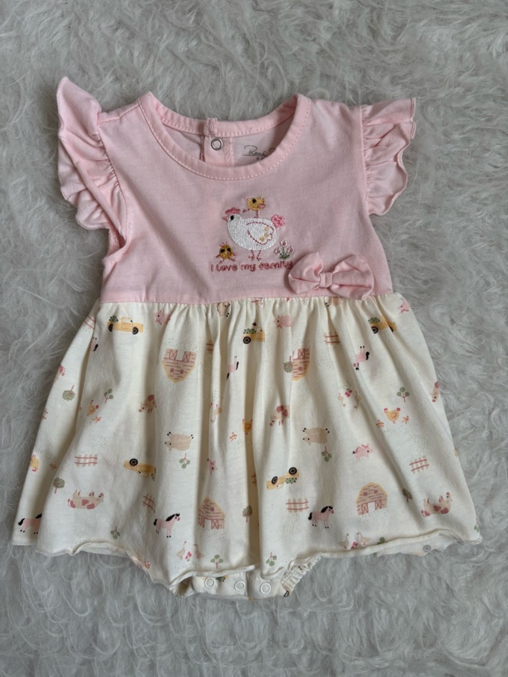 Rene Rofe Baby Girl Pink and Cream Farm Animal Printed Skirted Bodysuit
